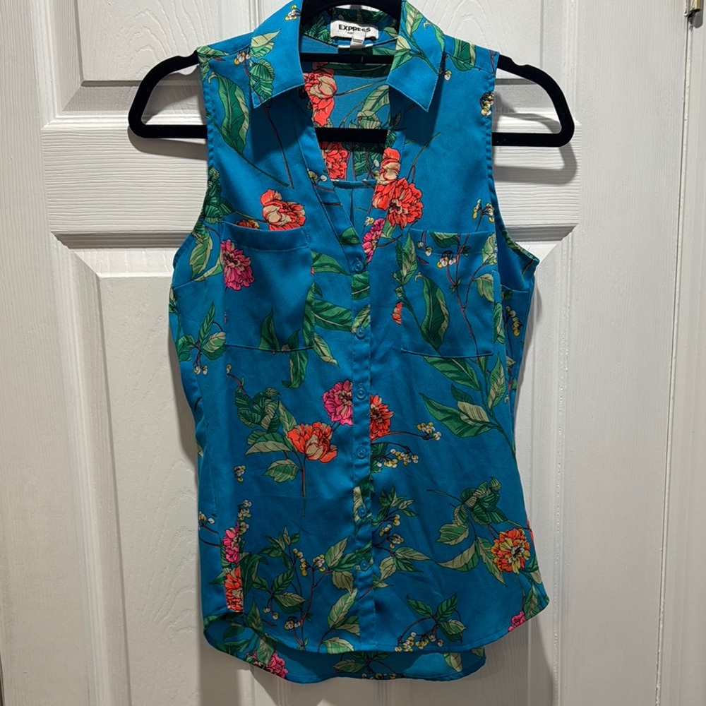 Express Blue Button Down Blouse with Notched Collar